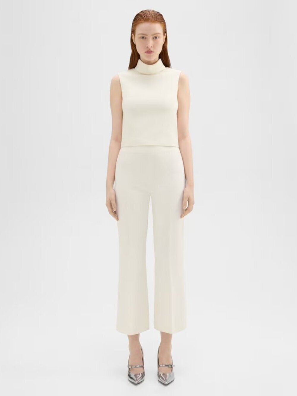 THEORY Rabeanie KB Mod Knit Ivory Neoprene Cropped Flare Trousers Pants, Size 4